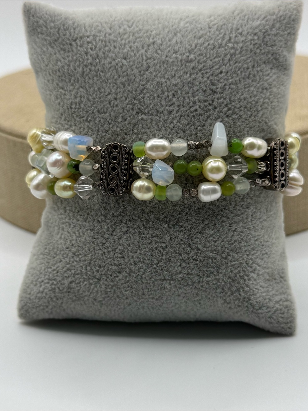 Sterling silver real Pearl & Green Bead Multi-Strand Bracelet